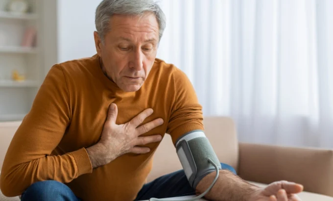 anciano tomándose la presión arterial