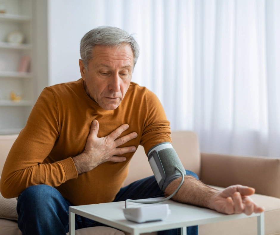 anciano tomándose la presión arterial