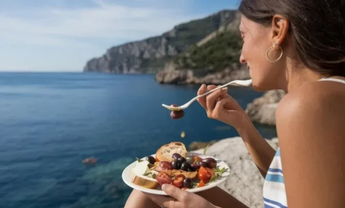 Chica comiendo ensalada en la playa