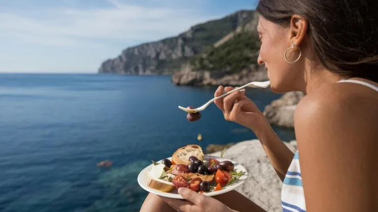 Chica comiendo ensalada en la playa